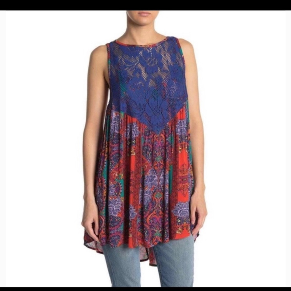 FREE PEOPLE Count Me In Trapeze Mini Dress/Top Paisley Hot Red Combo$88 MSRP NWT